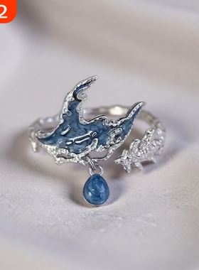蓝色鱼尾戒指女2025新款高级海洋鱼元素指环小众设计感开口食指戒
