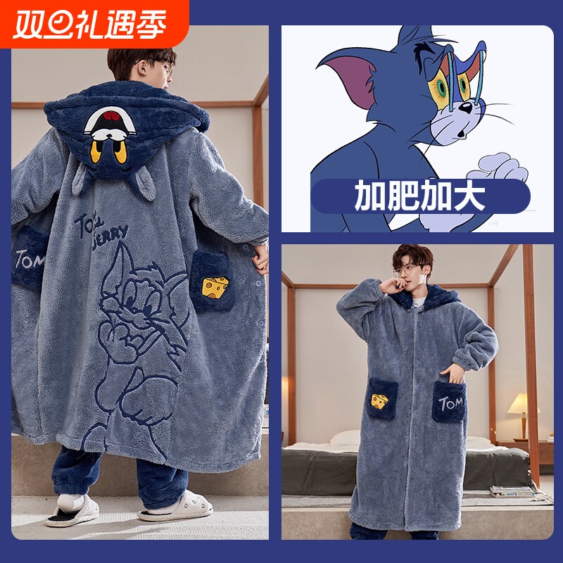 秋冬季珊瑚绒男睡袍新款胖哥哥大码睡衣男加厚加绒卡通长袍家居服