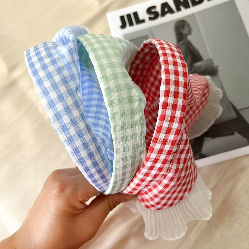 田园风三角头巾女复古蓝色2025新款丝巾包头夏季头饰海边格子发带