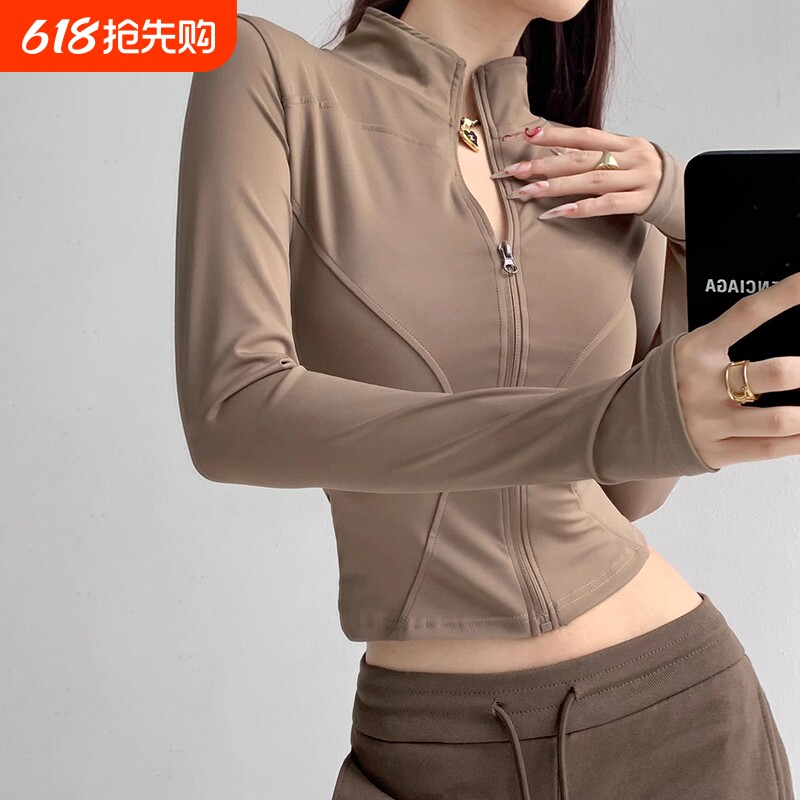 拉链修身长袖速干瑜伽服上衣春夏季紧身收腰健身立领瑜伽外套吸湿