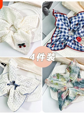 韩系蓝色格子方巾大肠发圈女方形头绳高级感慵懒风扎头发大号发饰