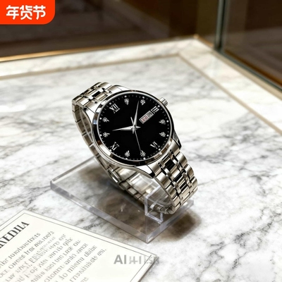 正品瑞士2024新款手表男士全自动机械风防水精钢带双日历男表夜光