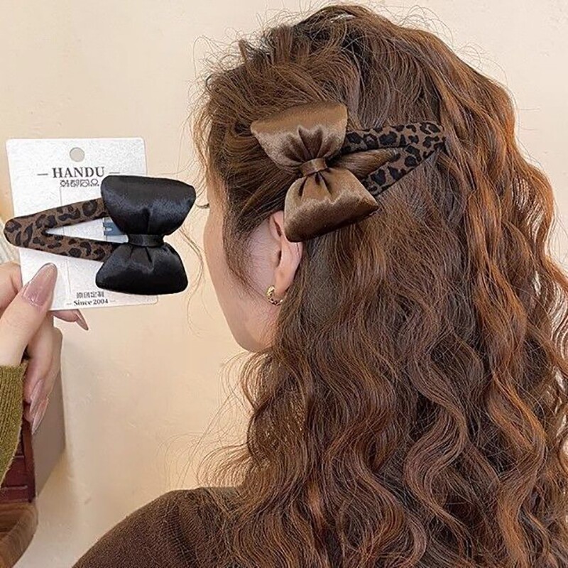 美拉德系丝绒蝴蝶结豹纹发夹边夹侧边发卡前额刘海夹子新款头饰女