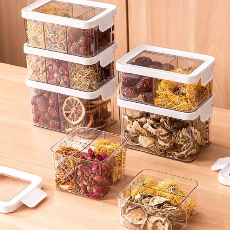 透明密封罐家用厨房食品级香料收纳盒储物盒带盖分格防潮花茶方形
