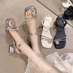 中跟 银色凉鞋 女2025夏季 新款 仙女风粗跟高级感水钻配裙子高跟鞋