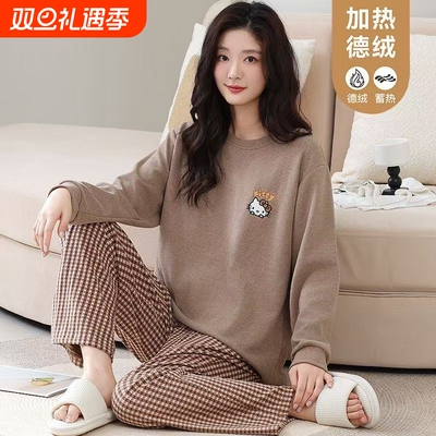 秋冬2025新款德绒睡衣女款套头长袖加绒加厚女士家居服套装可外穿