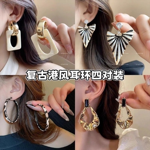 百搭耳饰撞色黑白 复古长方形C形耳圈港风轻奢小众高级感耳环时尚