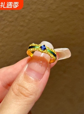 新中式轻奢蓝色锆石戒指女小众设计感时尚金色开口可调节指环手饰