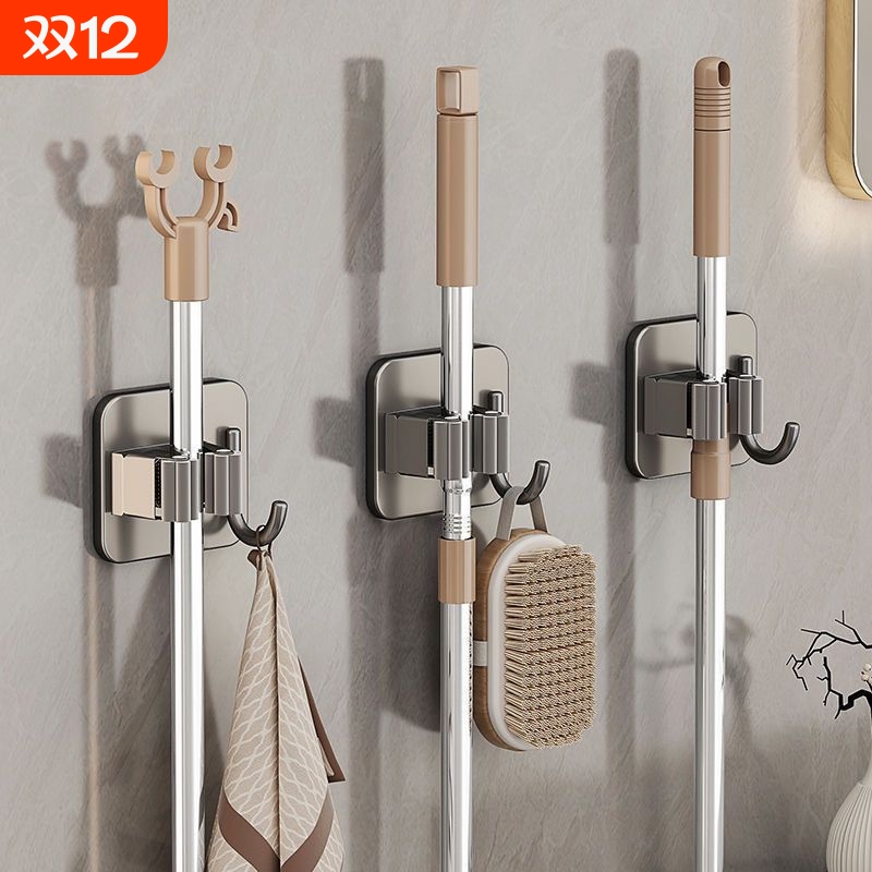 卫生间浴室厕所置物架壁挂免打孔拖把扫把拖布夹固定墙上收纳粘胶