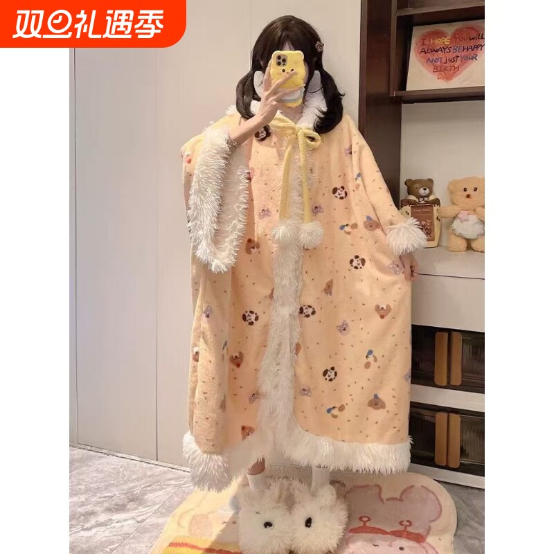 2025年冬季加厚保暖睡袍女卡通多巴胺居家休闲法兰绒中长款