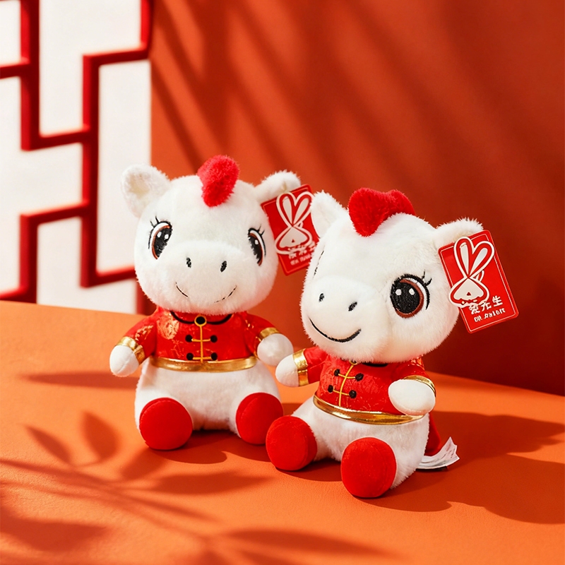 可爱唐装白马公仔毛绒玩偶家居桌伴摆件萌趣小马娃娃送男孩礼物