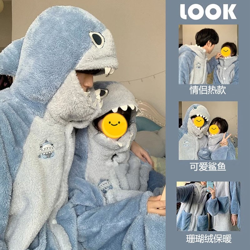 珊瑚绒睡衣女款2025新款秋冬季男士情侣加厚睡裙鲨鱼睡袍家居套装