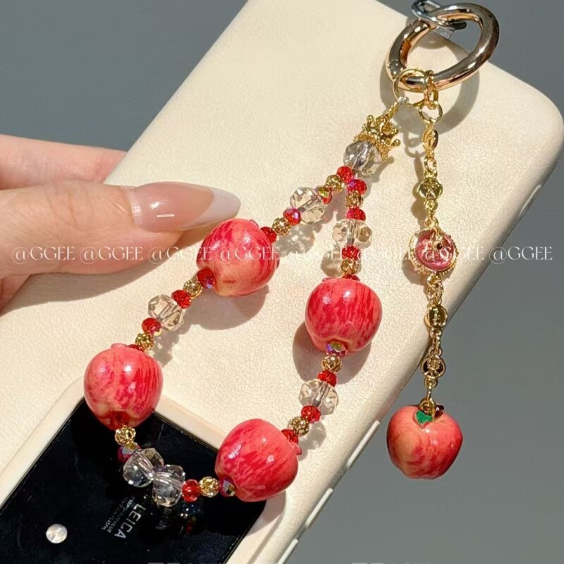 【平安喜乐】秋冬仿真红苹果闪钻手机链超仙甜美手机挂件DIY饰品