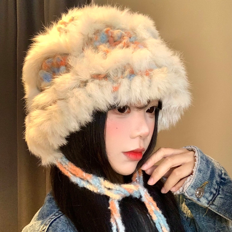 兔毛流苏针织渔夫帽女秋冬季加厚保暖大头围毛线帽毛绒醒狮帽子