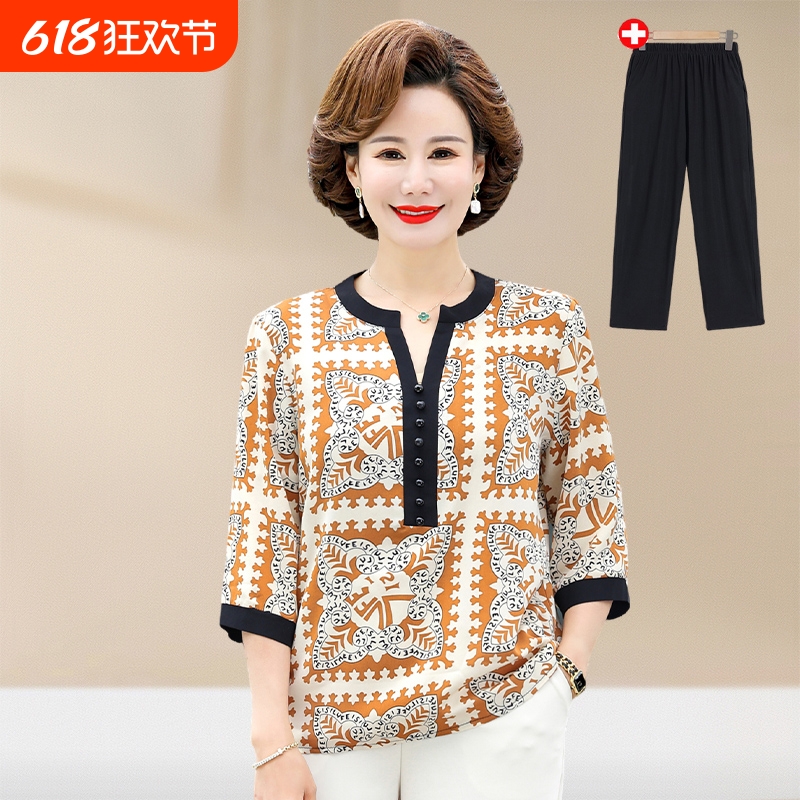 妈妈装夏装中袖t恤女中老年人夏季薄款上衣中年妇女圆领洋气小衫