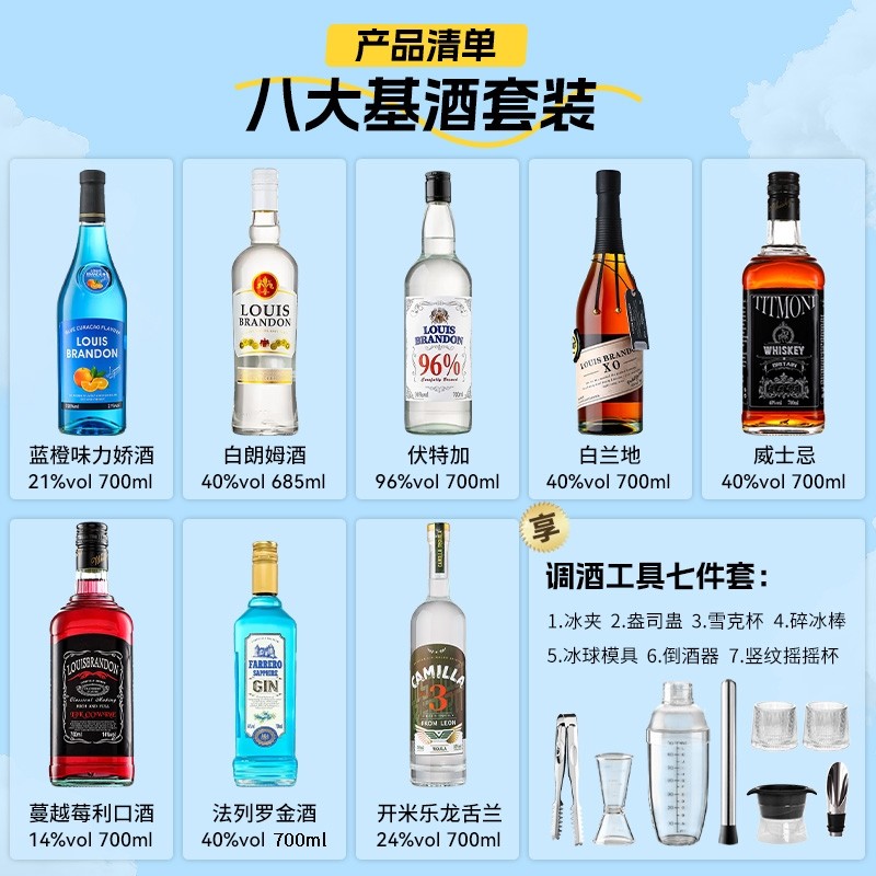 伏特加酒洋酒组合调酒基酒套装金酒威士忌蓝橙力娇酒鸡尾酒多规格