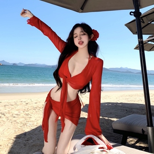 比基尼长裤 遮肉 海边度假纯欲风性感女四件套分体泳衣长袖