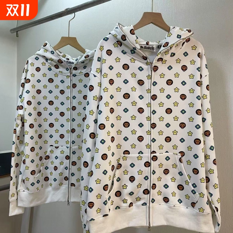 潮牌APE连帽卫衣重磅正确高版本冬SHARK APE迷彩满印拉链外套亲子