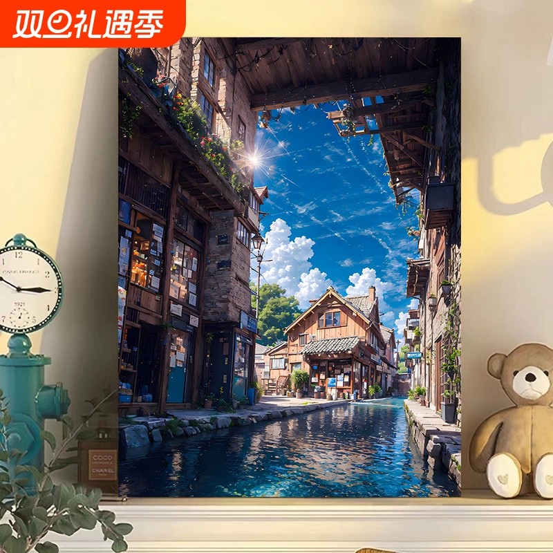 宫崎骏夏天风景数字油画diy手绘填色治愈ins客厅丙烯装饰画绘画