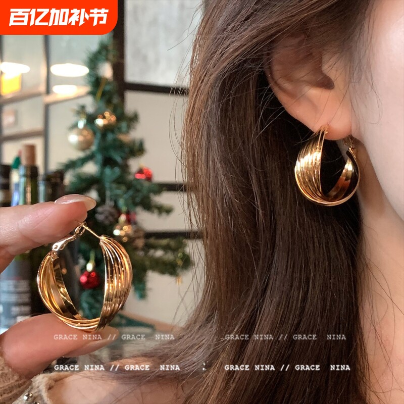 小众轻奢港风圆圈耳环女复古气质18K金耳饰高级感冷淡风耳圈新款