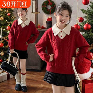韩版学院风假两件POLO领针织衫毛衣秋冬新款女童红色保暖洋气上衣