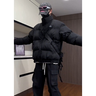 美式潮牌立领羽绒服男生冬装ins青少年面包棉服加厚高级感外黑色