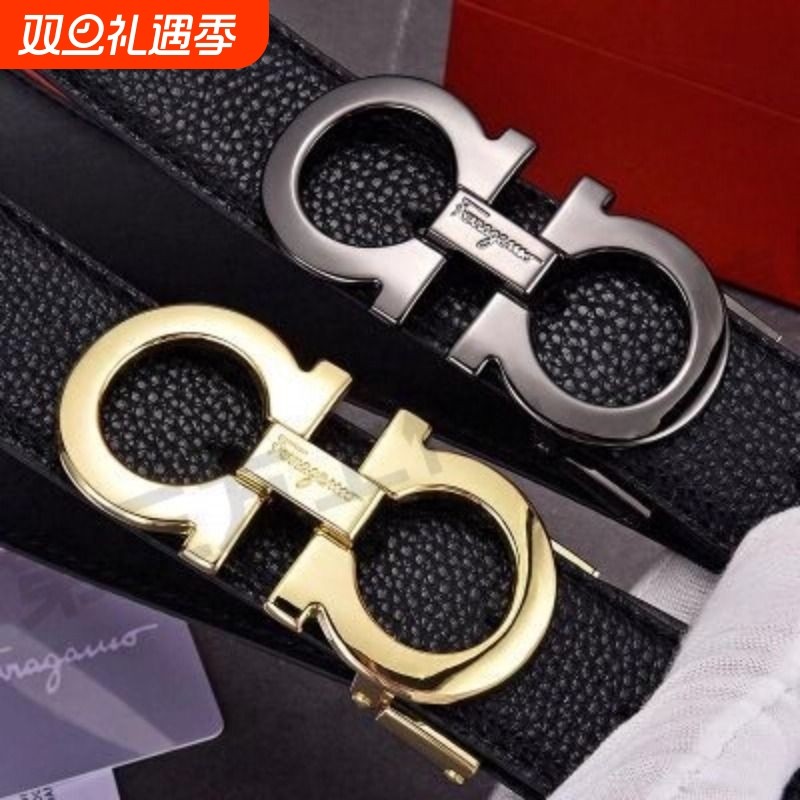 3.5CM8字扣无头皮带条马蹄纹黑色男士真皮头层纯牛皮奢侈大牌腰