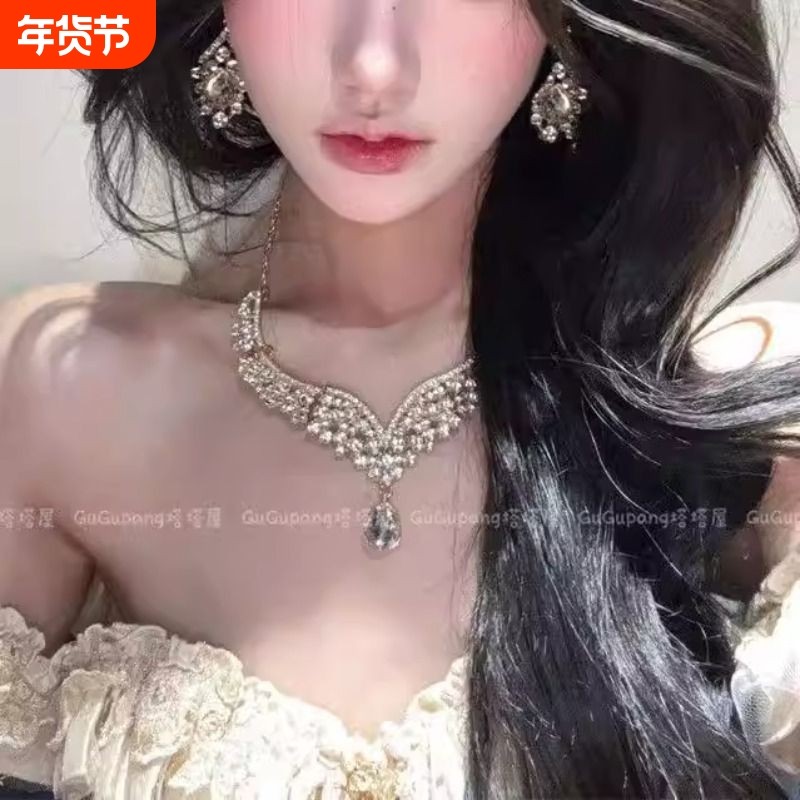 爆闪银色满钻项链耳环女贵气轻奢高级感晚会礼服锁骨链新娘配饰品