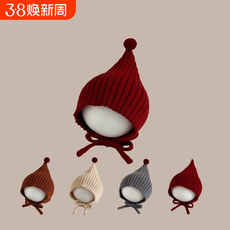 婴儿帽子红色宝宝秋冬季可爱精灵帽保暖针织小红帽毛线帽护耳防风