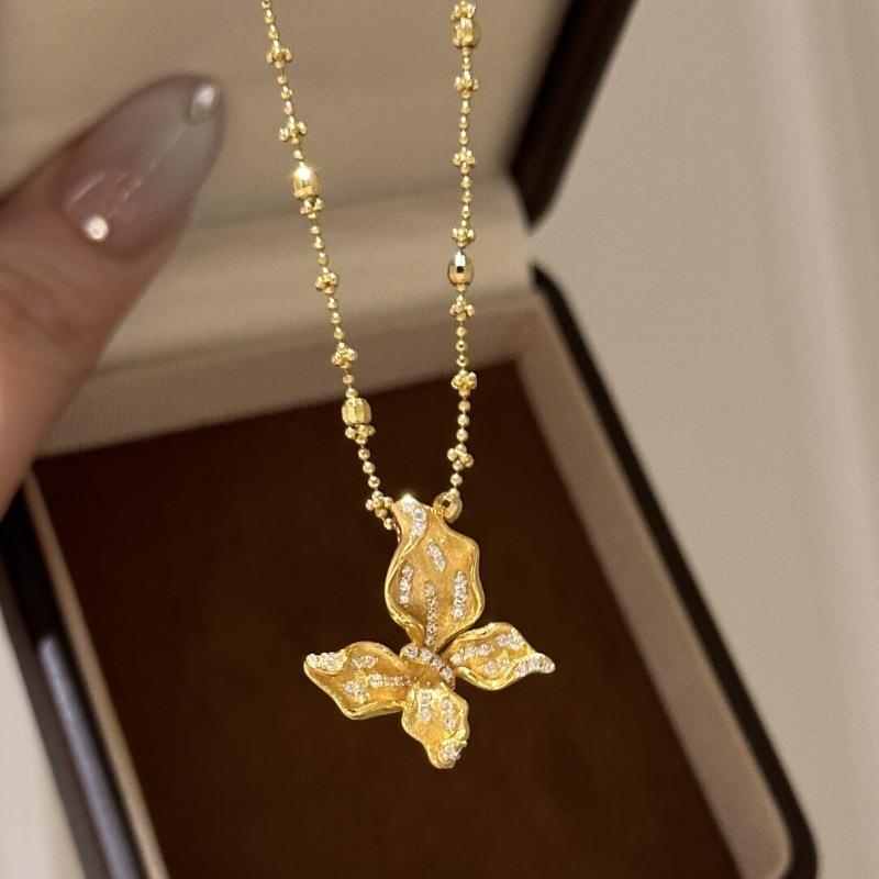 925法式轻奢复古高级拉丝点钻漫舞蝴蝶耳钉项链精致个性古法饰品