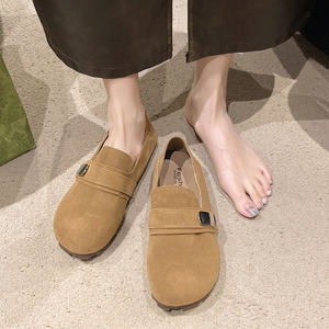 复古浅口磨砂一脚蹬勃肯鞋女2024秋季新款丑萌软底懒人乐福豆豆鞋