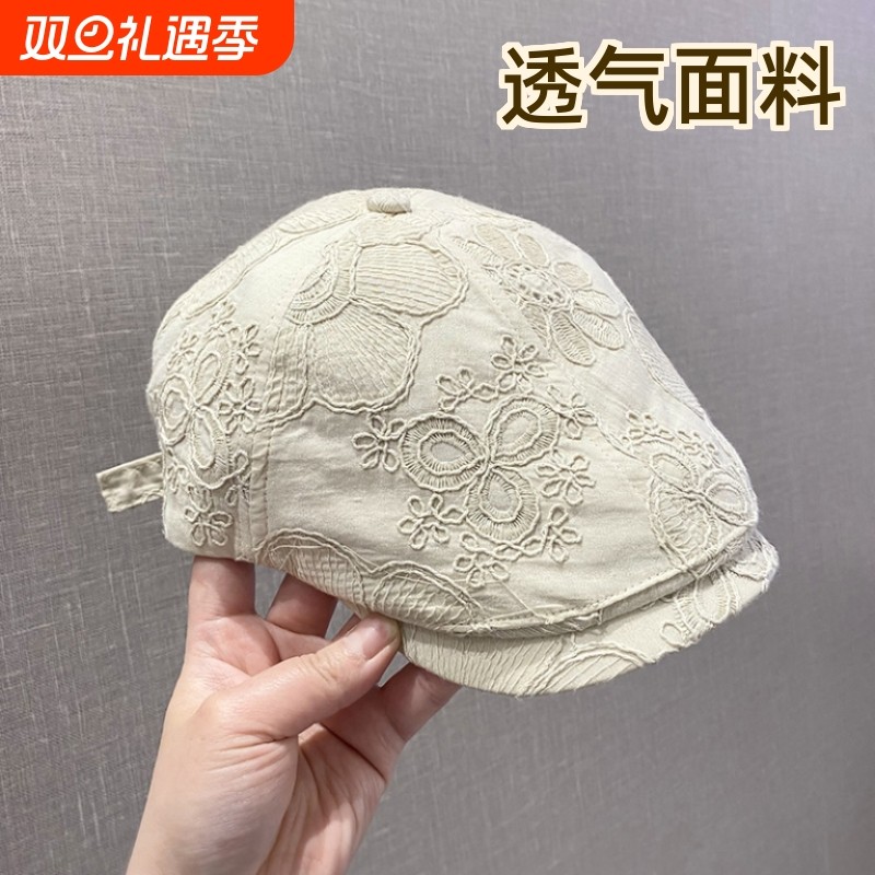 薄款春夏季花朵前进帽子女刺绣新款复古百搭显脸小鸭舌贝雷帽透气