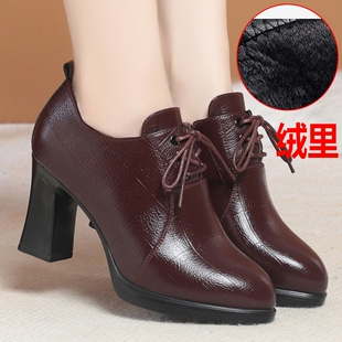 他她女孩真皮高跟鞋防水台系带深口加绒工作鞋黑色正装鞋皮鞋单鞋