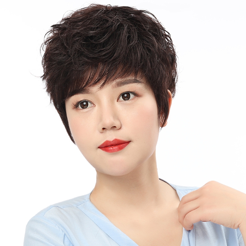 假发头套 短发女真人发丝精修中老年全真发手工烫发斜刘海 假发套