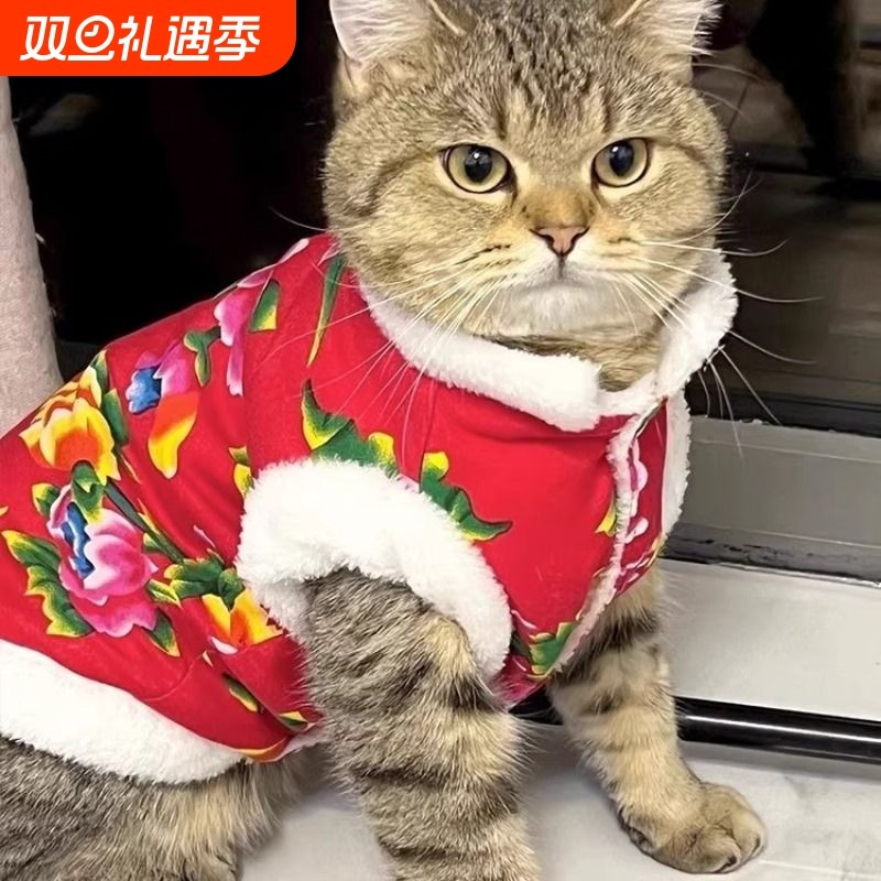 猫咪衣服加绒保暖东北大棉袄秋冬装布偶幼猫宠物新年唐装A287红色