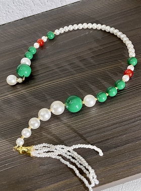 新中式国潮绿色拼接珍珠项圈女古风珍珠流苏颈链国风汉服配饰项链
