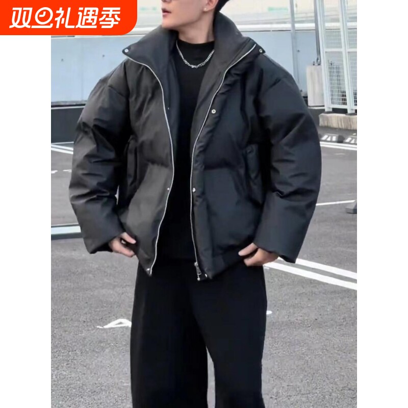 户外冬季新款宽版羽绒服短款PU皮外套男生潮流立领加厚面包服over