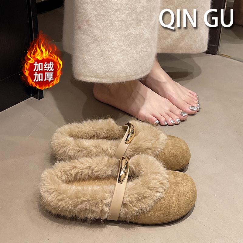 法式平底毛毛拖鞋女外穿2025新款秋冬季加绒一脚蹬穆勒包头棉拖鞋