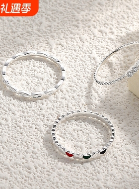 简约风素圈实心闭口s999纯银戒指女韩版潮流小众设计感尾戒食指戒