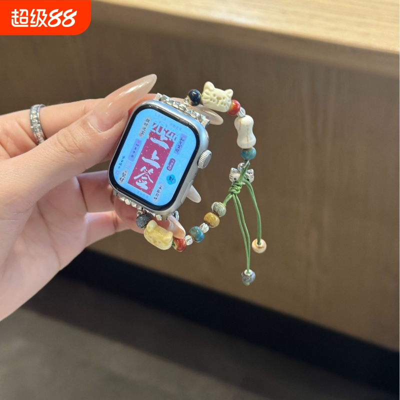 适用苹果手表S10表带新中式卡通猫咪applewatch987弹力iwatch男女