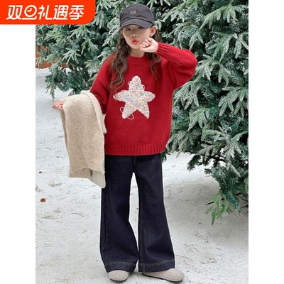 女童毛衣秋冬加厚2025新款女孩洋气针织圆领打底衫中大童上衣红色
