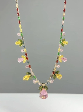 跨境新款彩色锆石花朵叶子水滴吊坠项链耳环套装轻奢重工锁骨链女