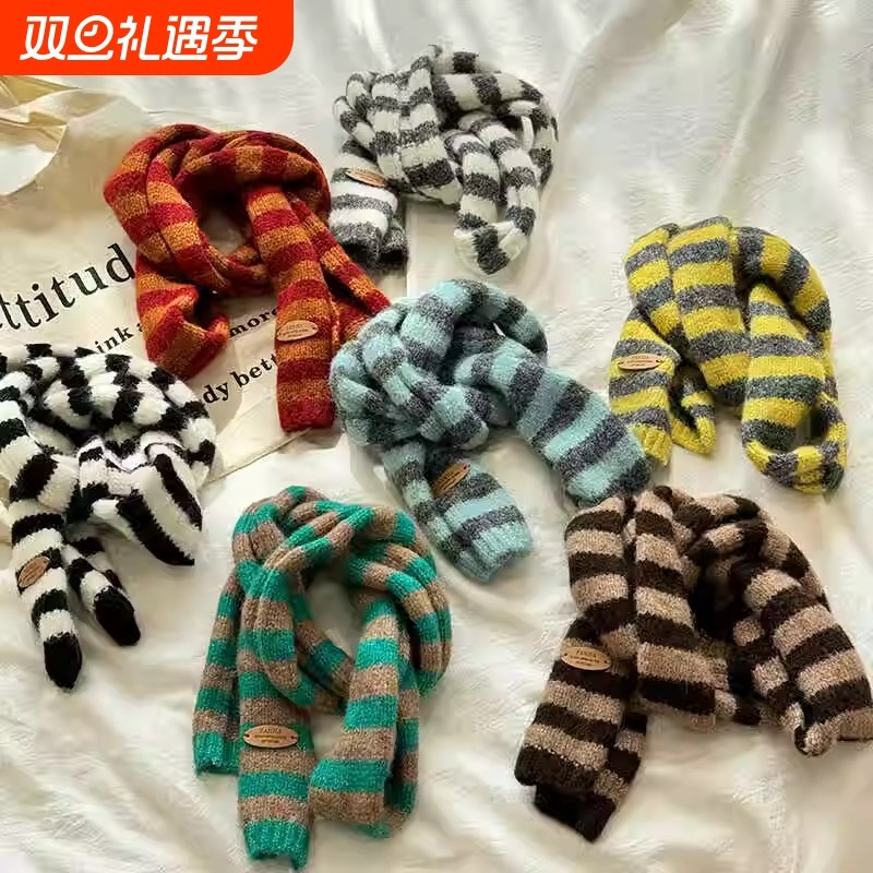 小众Y2k长条手工针织拼色围巾男女日系百搭围脖潮条纹黑白咖色