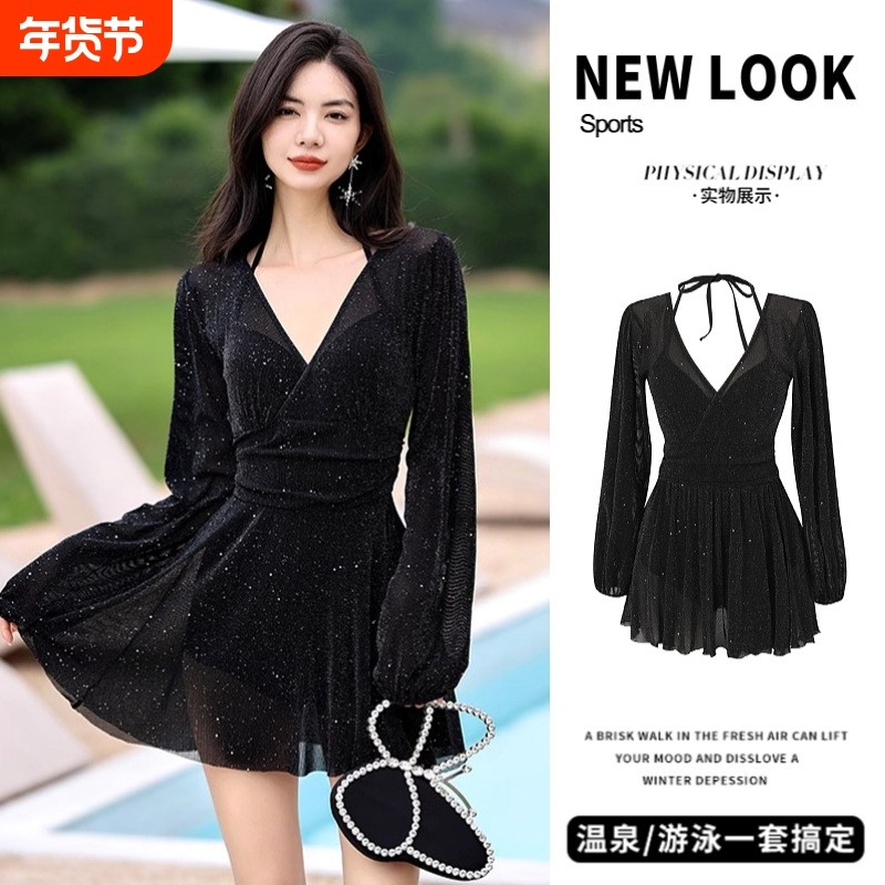 泳衣女连体2025保守新款长袖防晒显瘦遮肚高级感海边度假温泉黑色