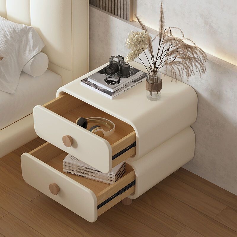 c奶油风床头柜卧室实木皮质床边柜简约现代极简易免安装小型收纳