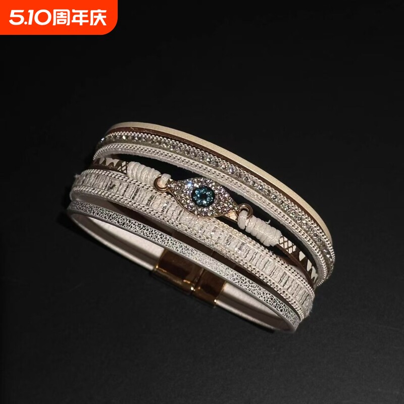 中古风恶魔之眼镶钻皮革手环复古高级感时尚手链手镯波西米亚配饰