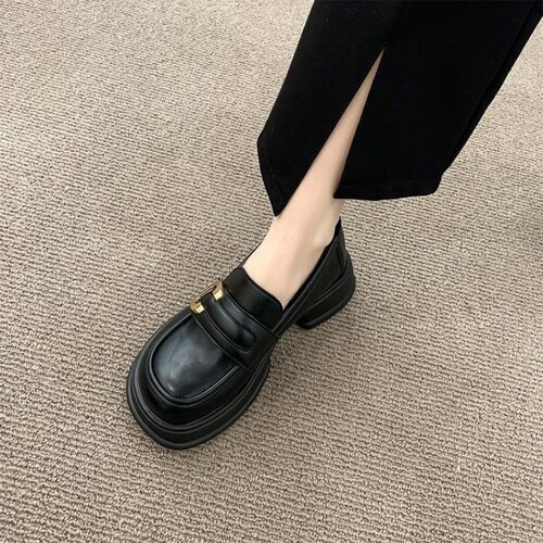 意尔康心选法式一脚蹬厚底粗跟小皮鞋女2026年春季新款百搭复古英