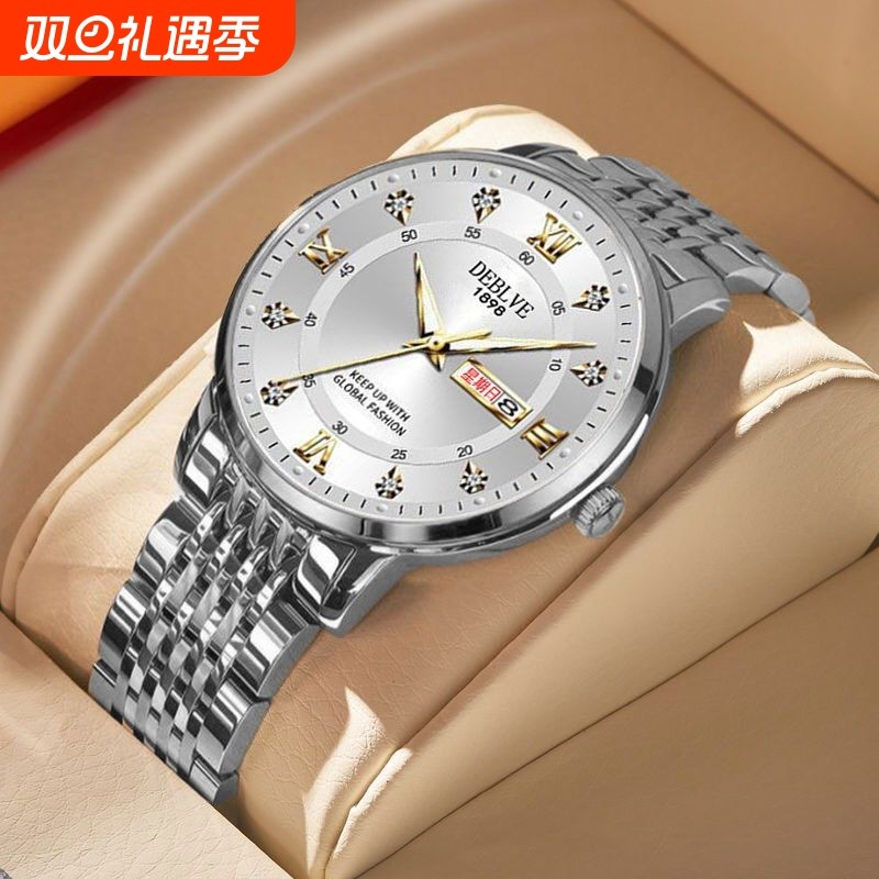 正品瑞士2024新款手表男士全自动机械风防水精钢带双日历男表夜光