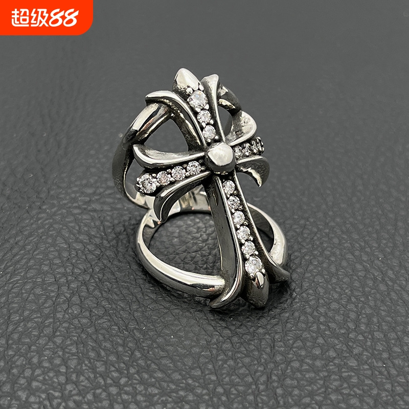 ODEK复古镂空满钻大十字架戒指男士个性霸气指环做旧经典款小众