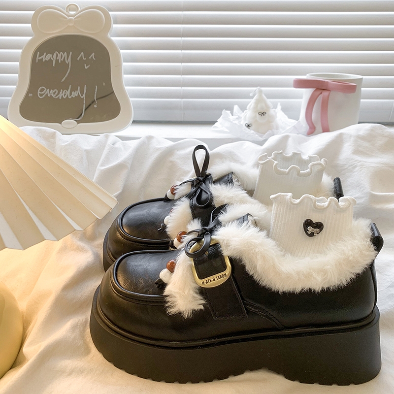 加绒蝴蝶结小皮鞋女款2025秋冬新款厚底保暖毛毛棉鞋英伦风乐福鞋
